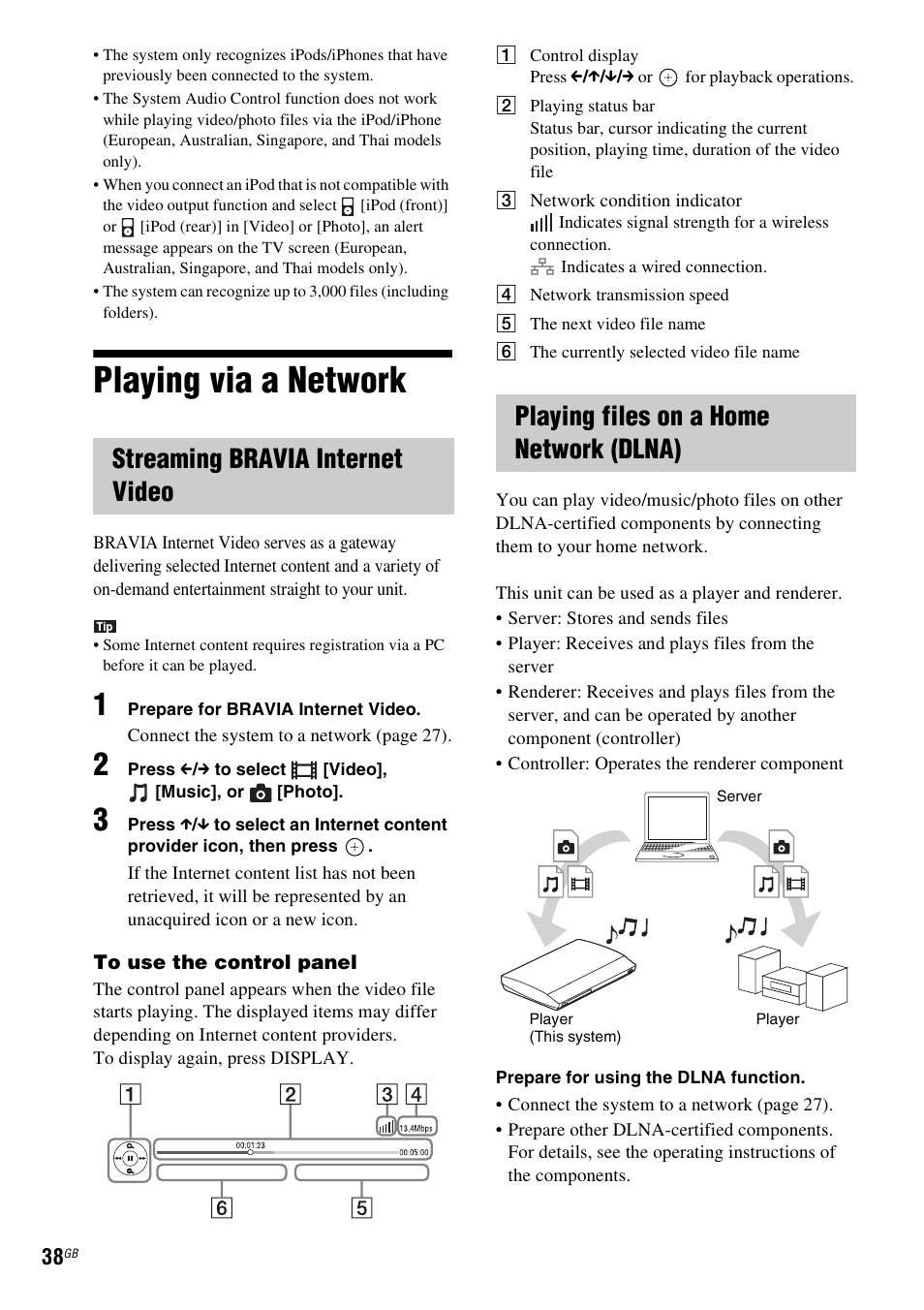Playing via a network, Streaming bravia internet video, Playing files on a home network (dlna) | Sony BDV-E380 User Manual | Page 38 / 80