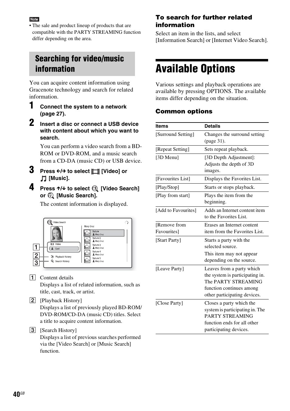 Searching for video/music information, Available options | Sony BDV-E380 User Manual | Page 40 / 80