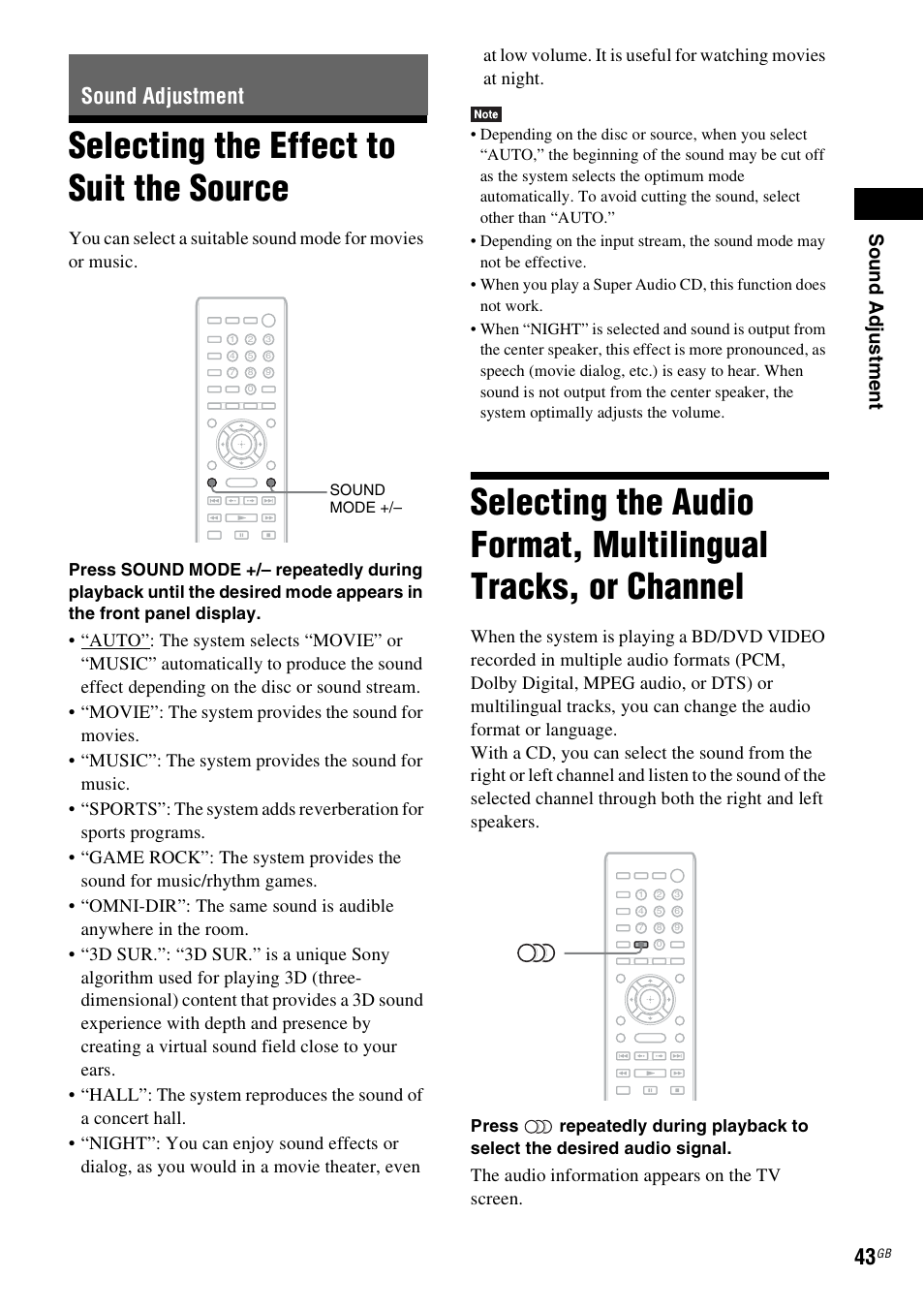 Sound adjustment, Selecting the effect to suit the source, Selecting the effect to suit | The source, Selecting the audio format, multilingual, Tracks, or channel, Es 43, Sou nd adj u stm e nt | Sony BDV-E380 User Manual | Page 43 / 80