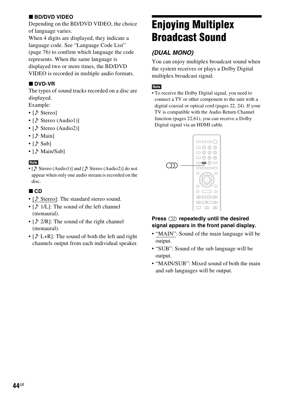 Enjoying multiplex broadcast sound, Enjoying multiplex broadcast, Sound | Dual mono) | Sony BDV-E380 User Manual | Page 44 / 80