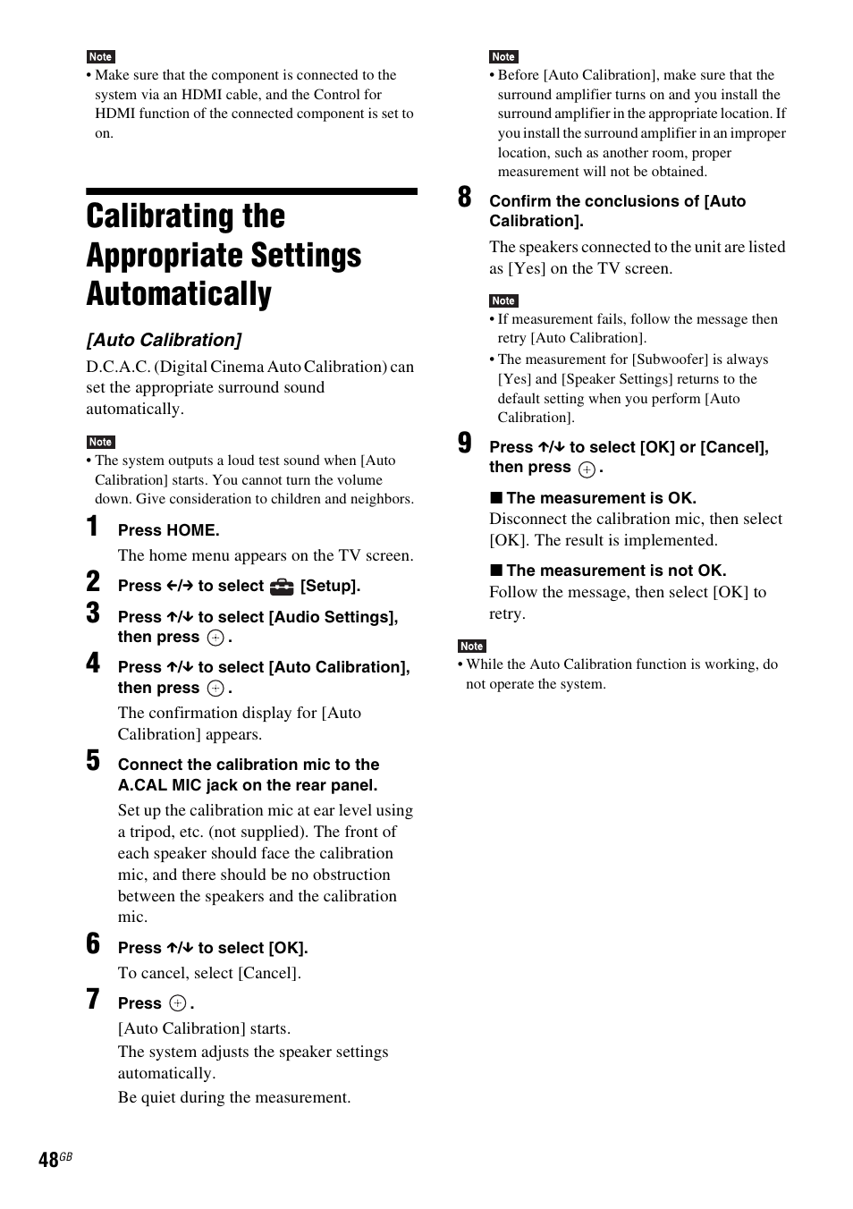 Calibrating the appropriate settings automatically, Calibrating the appropriate settings, Automatically | Sony BDV-E380 User Manual | Page 48 / 80
