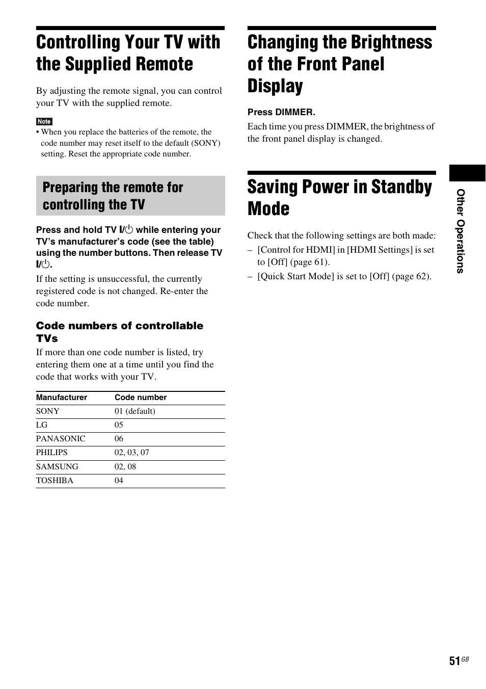 Controlling your tv with the supplied remote, Preparing the remote for controlling the tv, Changing the brightness of the front panel display | Saving power in standby mode, Controlling your tv with the supplied, Remote, Changing the brightness of the front, Panel display | Sony BDV-E380 User Manual | Page 51 / 80