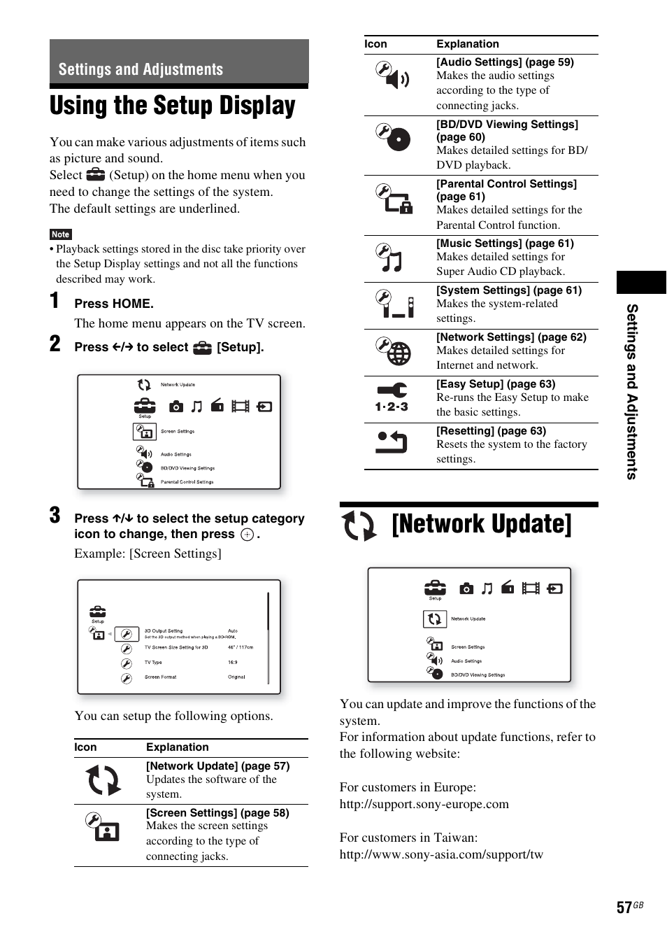 Settings and adjustments, Using the setup display, Network update | Using the setup display [network update | Sony BDV-E380 User Manual | Page 57 / 80