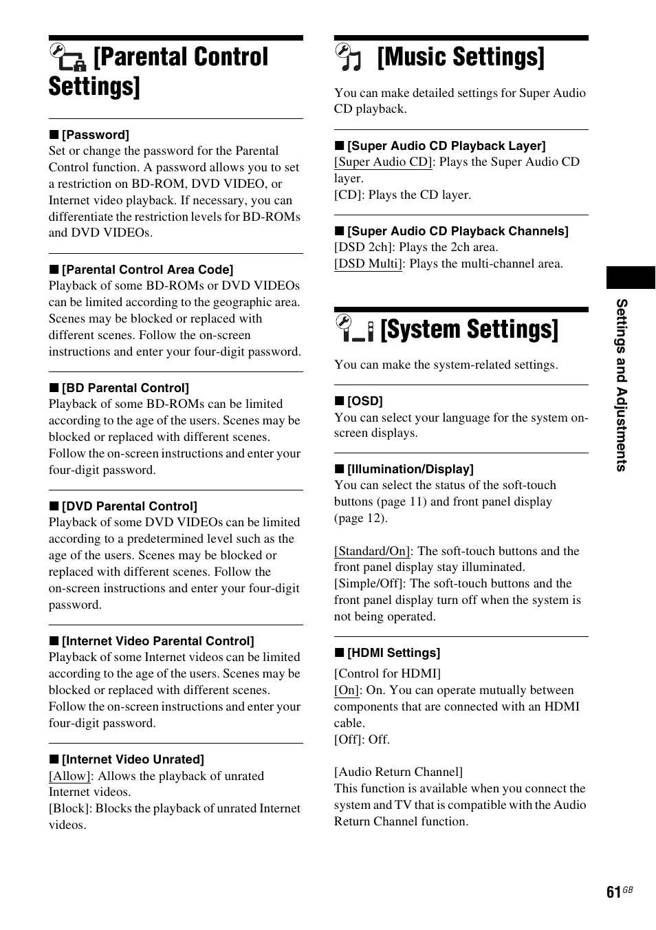 Parental control settings, Music settings, System settings | Sony BDV-E380 User Manual | Page 61 / 80