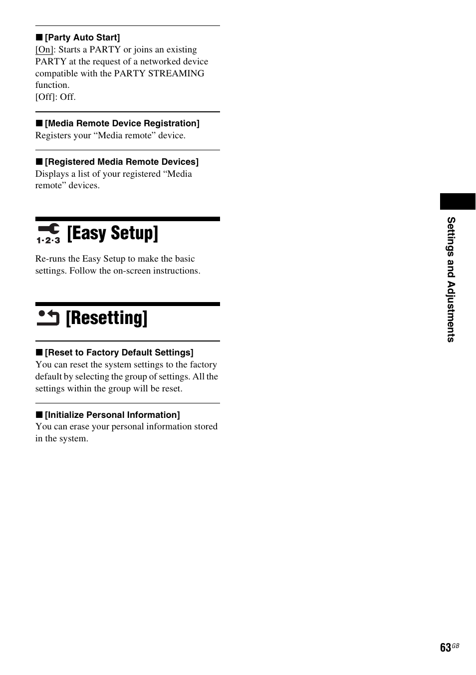 Easy setup, Resetting, Easy setup] [resetting | Sony BDV-E380 User Manual | Page 63 / 80