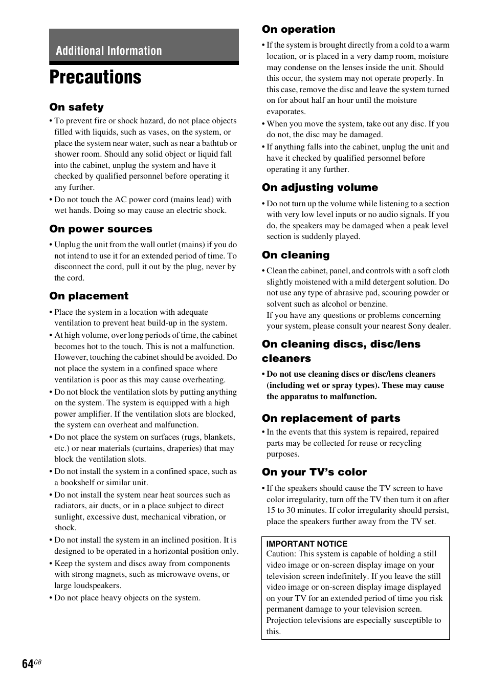 Additional information, Precautions | Sony BDV-E380 User Manual | Page 64 / 80
