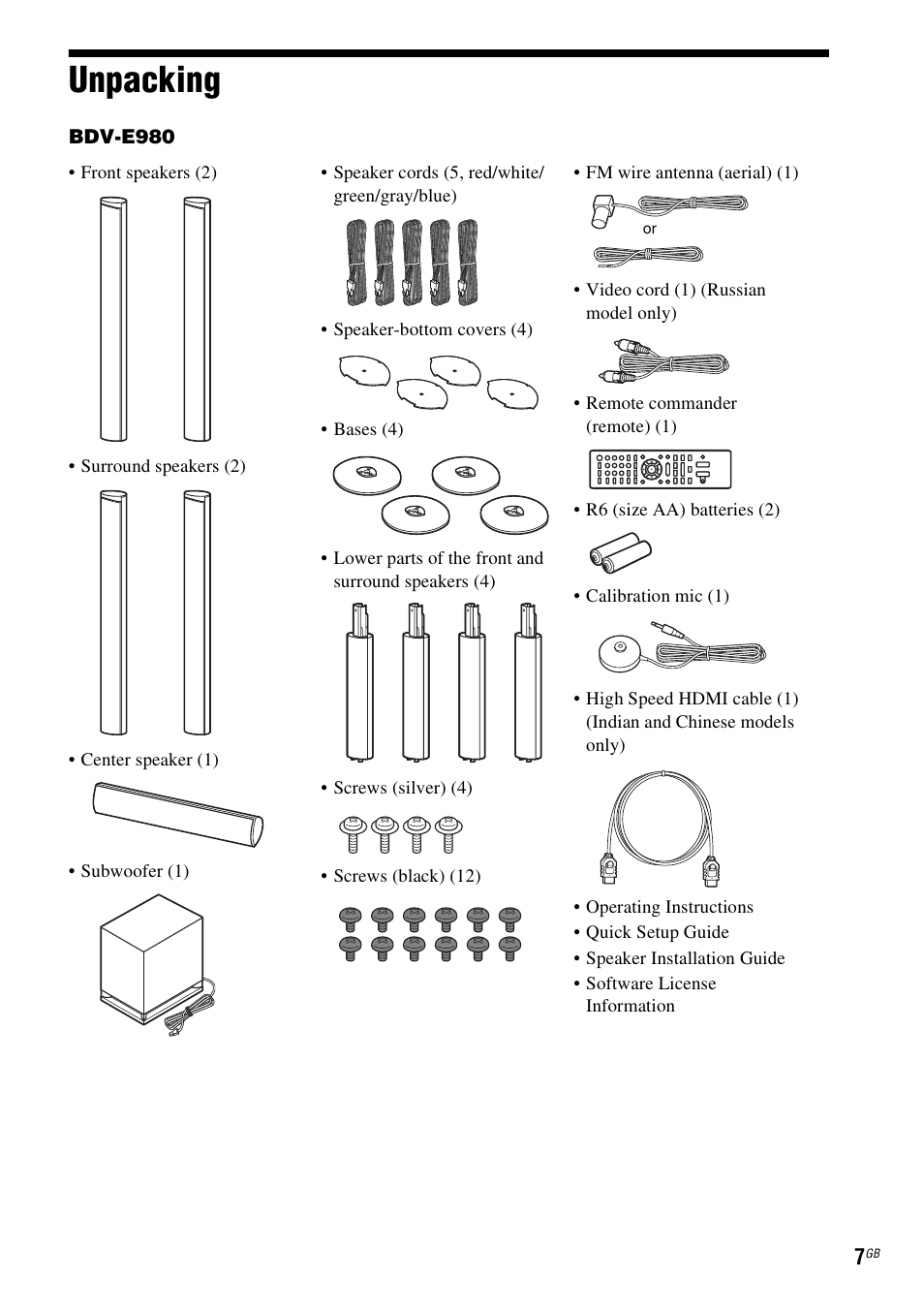 Unpacking | Sony BDV-E380 User Manual | Page 7 / 80