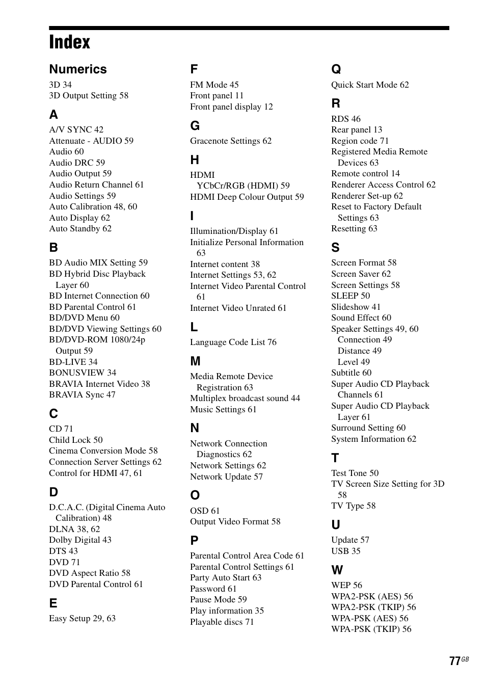 Index, Numerics | Sony BDV-E380 User Manual | Page 77 / 80