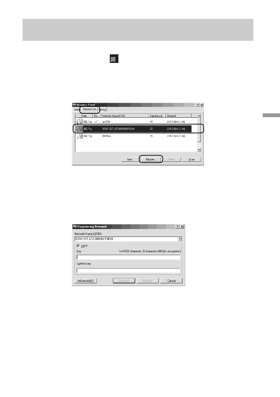 Connecting to the access point with, Wireless panel (windows me/ 2000 operating system) | Sony PCWA-C300S User Manual | Page 41 / 64