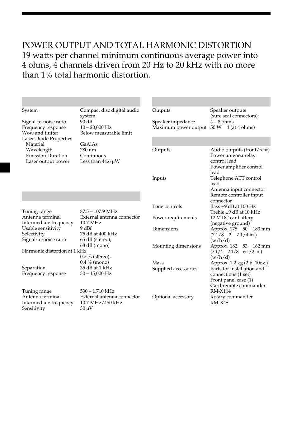 26 specifications, Audio power specifications, General | Sony CDX-MP450X User Manual | Page 26 / 84