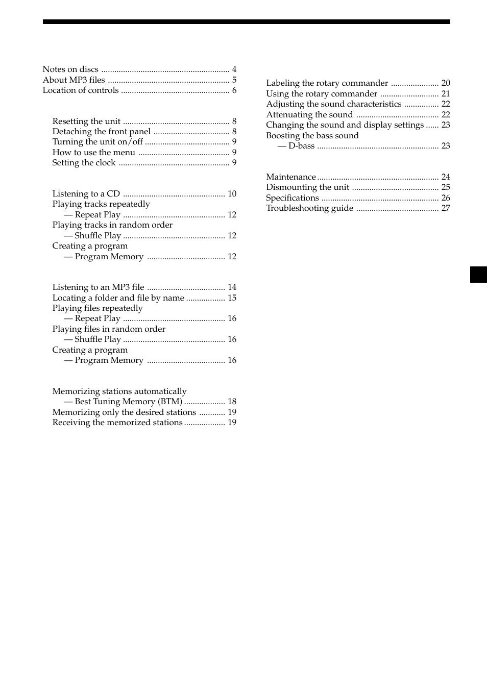 3table of contents | Sony CDX-MP450X User Manual | Page 3 / 84