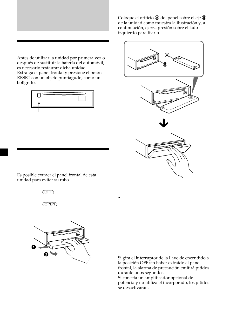 Procedimientos iniciales, Restauración de la unidad, Extracción del panel frontal | Sony CDX-MP450X User Manual | Page 64 / 84