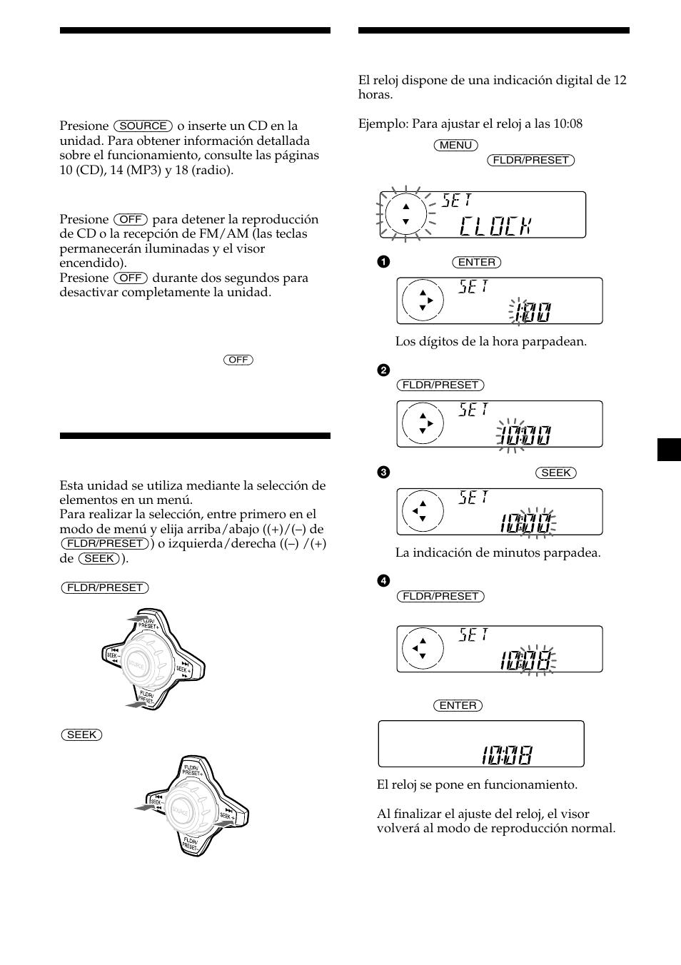 9activación/desactivación de la unidad, Cómo utilizar el menú, Ajuste del reloj | Sony CDX-MP450X User Manual | Page 65 / 84