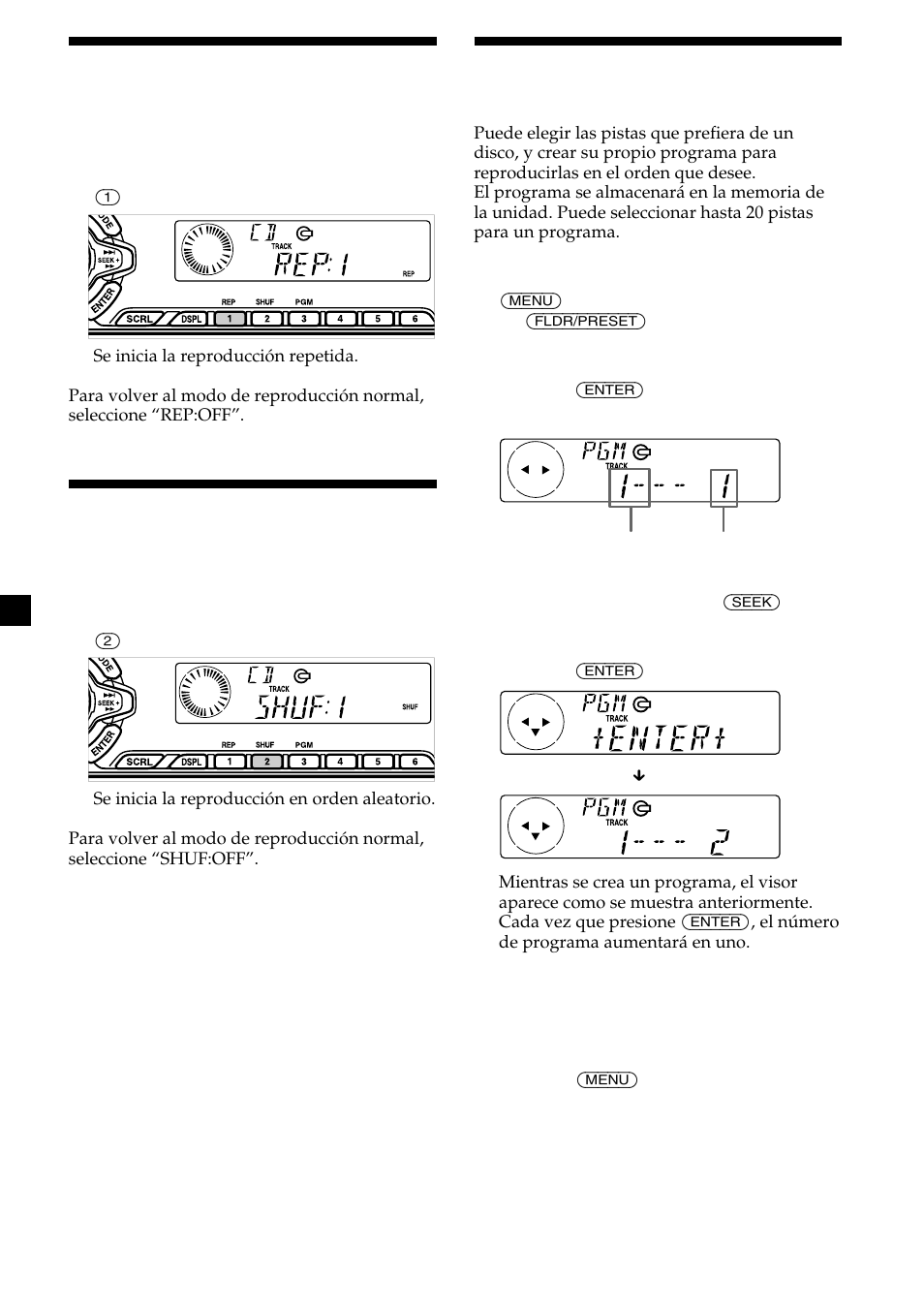 12 creación de programas, Reproducción repetida de pistas, Reproducción de pistas en orden aleatorio | Sony CDX-MP450X User Manual | Page 68 / 84