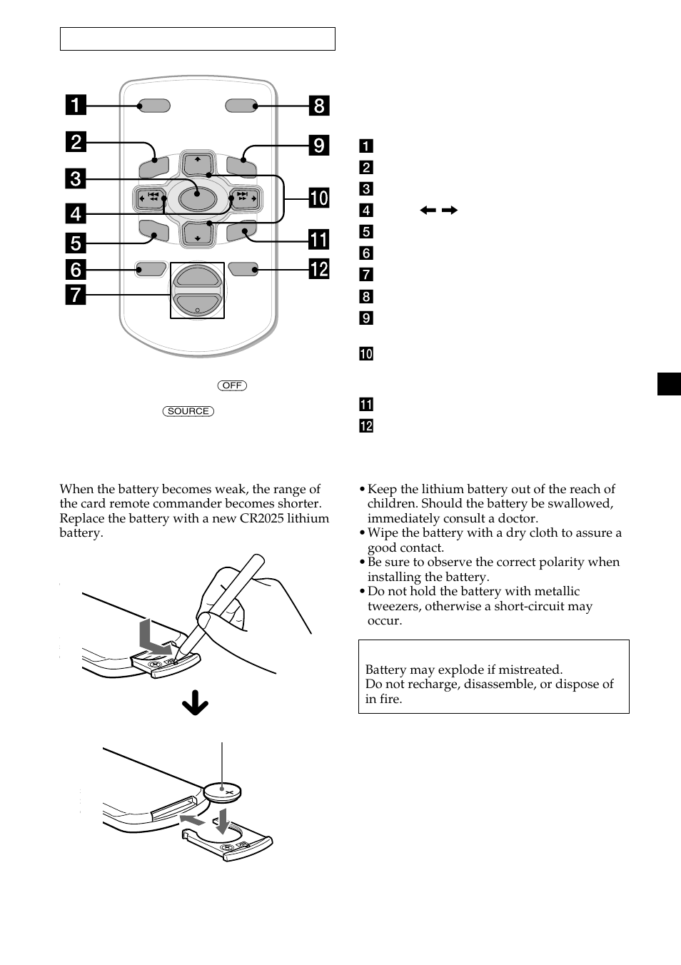 Card remote commander rm-x114, Replacing the lithium battery, Warning | Sony CDX-MP450X User Manual | Page 7 / 84