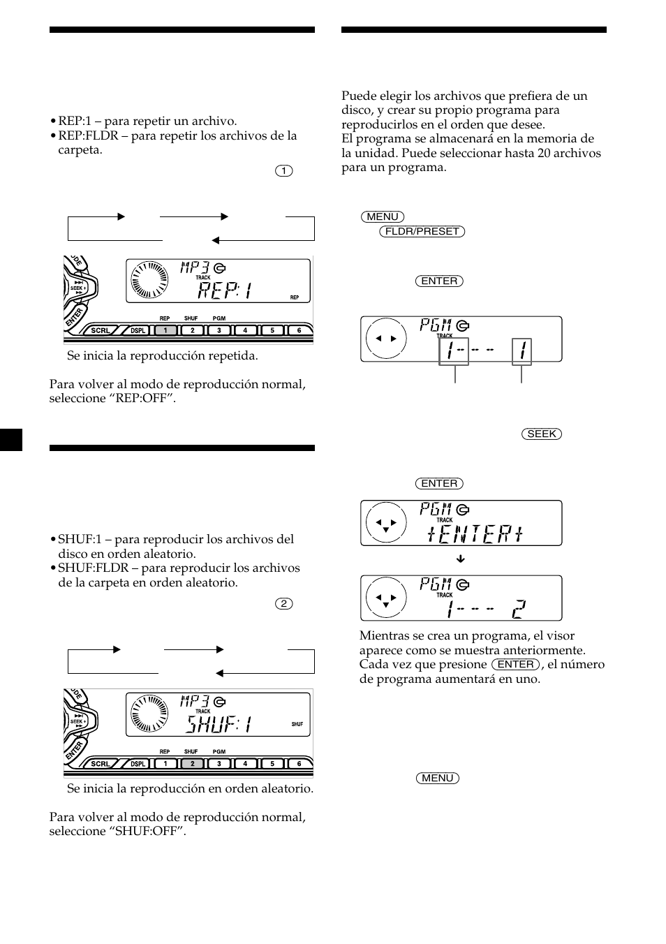 16 creación de programas, Reproducción repetida de archivos, Reproducción de archivos en orden aleatorio | Sony CDX-MP450X User Manual | Page 72 / 84