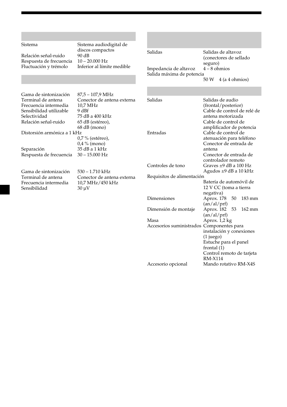 26 specifications, Sección del reproductor de cd, Sección del sintonizador | Sección del amplificador de potencia, Generales | Sony CDX-MP450X User Manual | Page 82 / 84