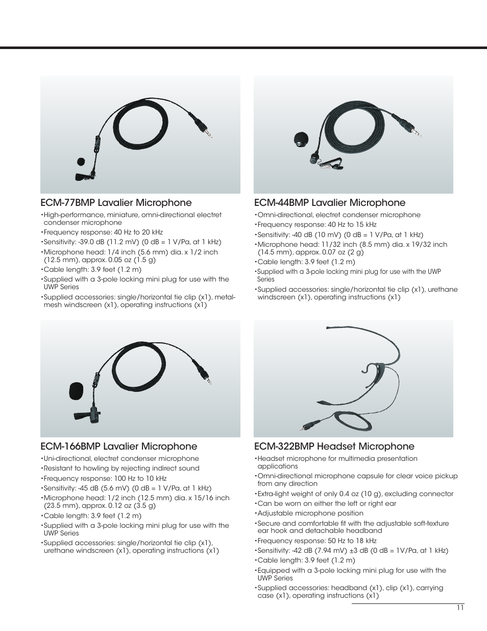 Ecm-166bmp lavalier microphone, Ecm-322bmp headset microphone, Ecm-44bmp lavalier microphone | Ecm-77bmp lavalier microphone | Sony UWP-V1 User Manual | Page 11 / 12