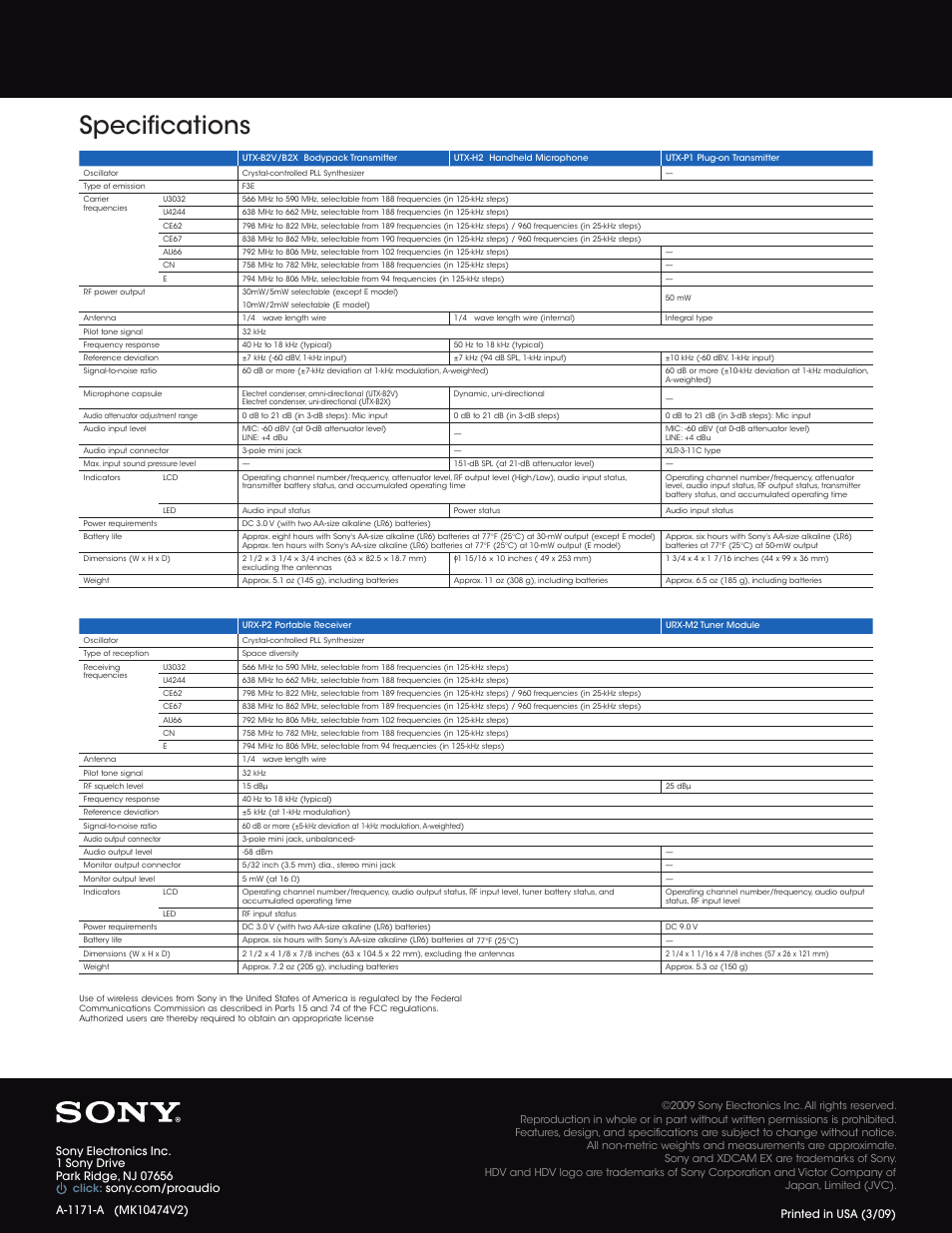 Specifications | Sony UWP-V1 User Manual | Page 12 / 12