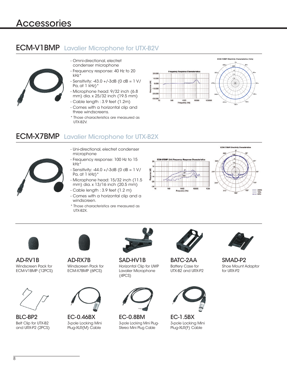 Accessories, Ecm-v1bmp, Ecm-x7bmp | Lavalier microphone for utx-b2v, Lavalier microphone for utx-b2x | Sony UWP-V1 User Manual | Page 8 / 12