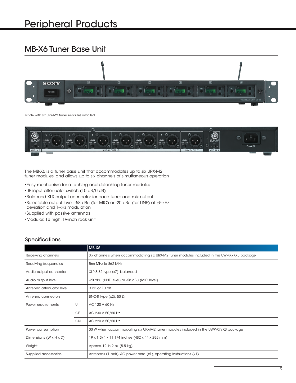 Peripheral products, Mb-x6 tuner base unit, Specifications | Sony UWP-V1 User Manual | Page 9 / 12