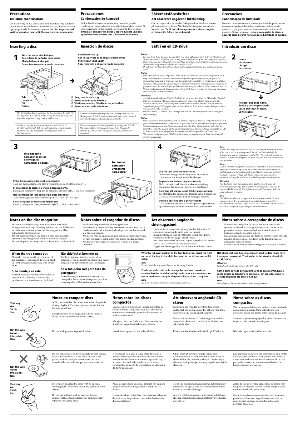Precauciones, Precautions, Att observera angående cd- skivor | Säkerhetsföreskrifter, Notas sobre los discos compactos, Notas sobre el cargador de discos, Att observera angående skivmagasinet, Notas sobre o carregador de discos | Sony CDX-727 User Manual | Page 2 / 3