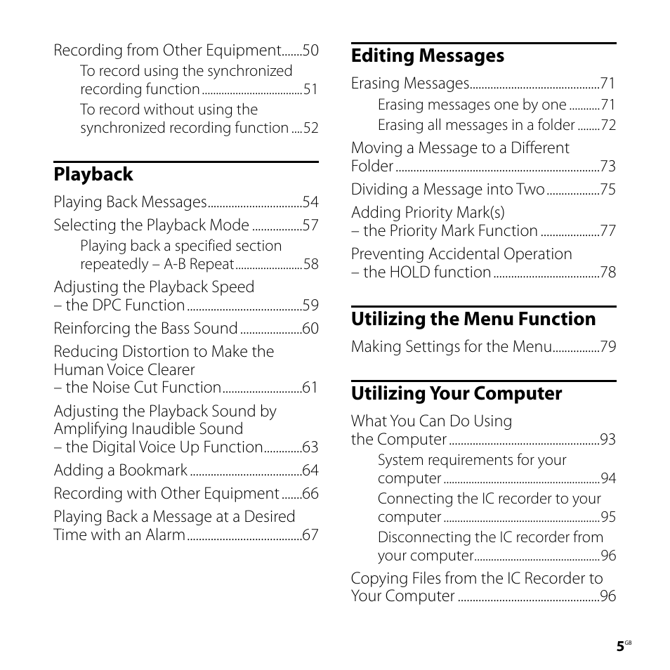 Playback, Editing messages, Utilizing the menu function | Utilizing your computer | Sony ICD-SX800 User Manual | Page 5 / 136