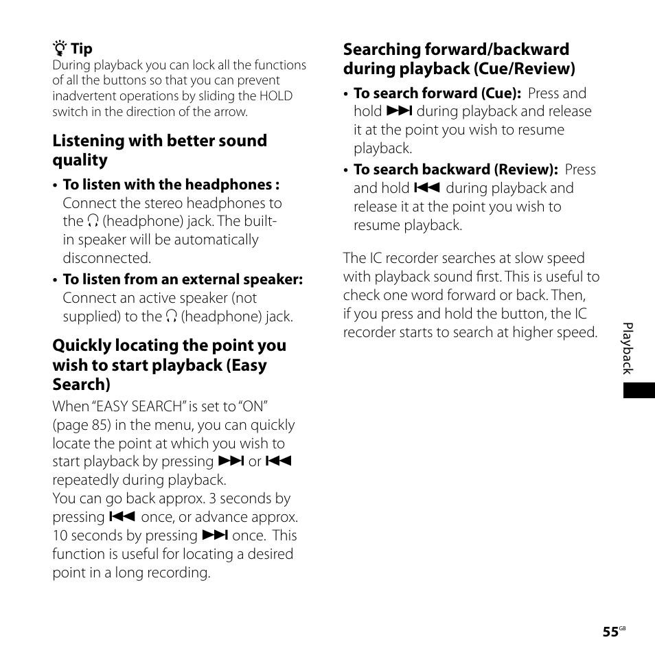 Listening with better sound quality | Sony ICD-SX800 User Manual | Page 55 / 136