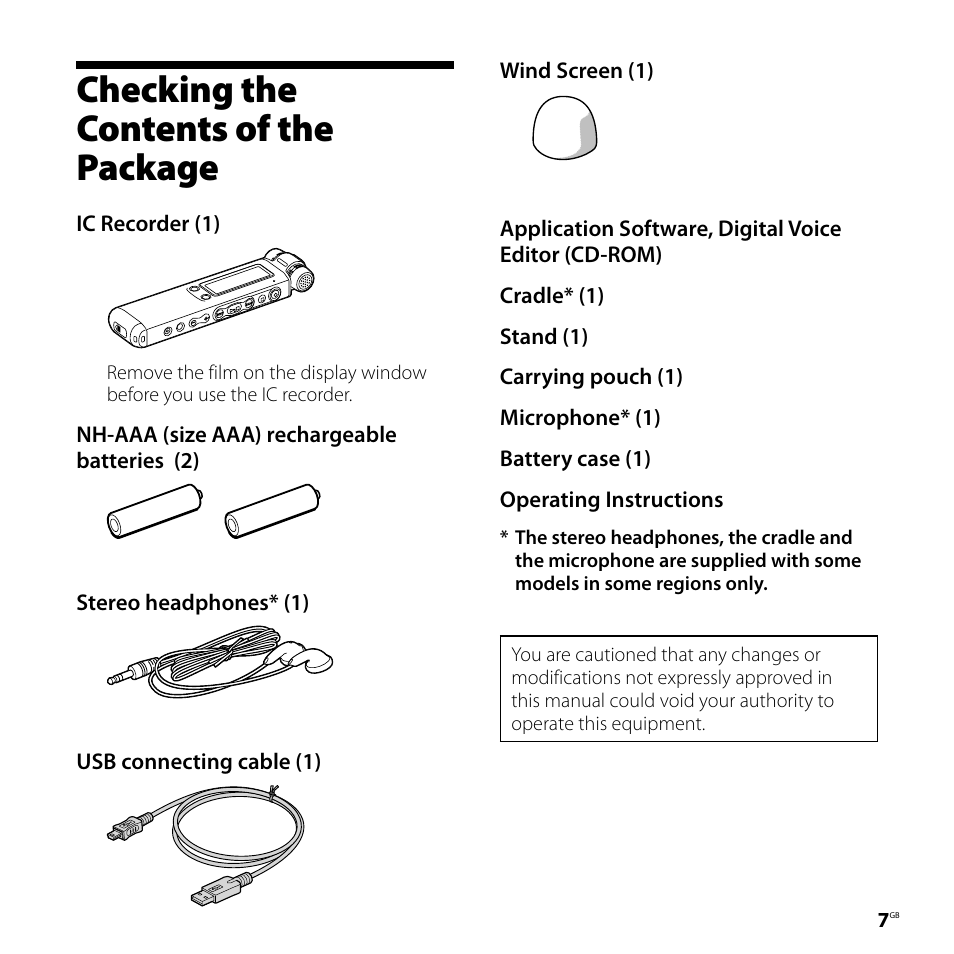 Checking the contents of the package, Checking the contents of, The package | Sony ICD-SX800 User Manual | Page 7 / 136