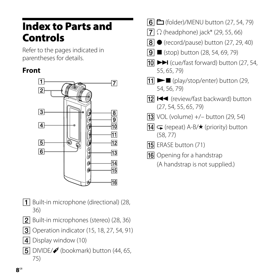 Index to parts and controls | Sony ICD-SX800 User Manual | Page 8 / 136