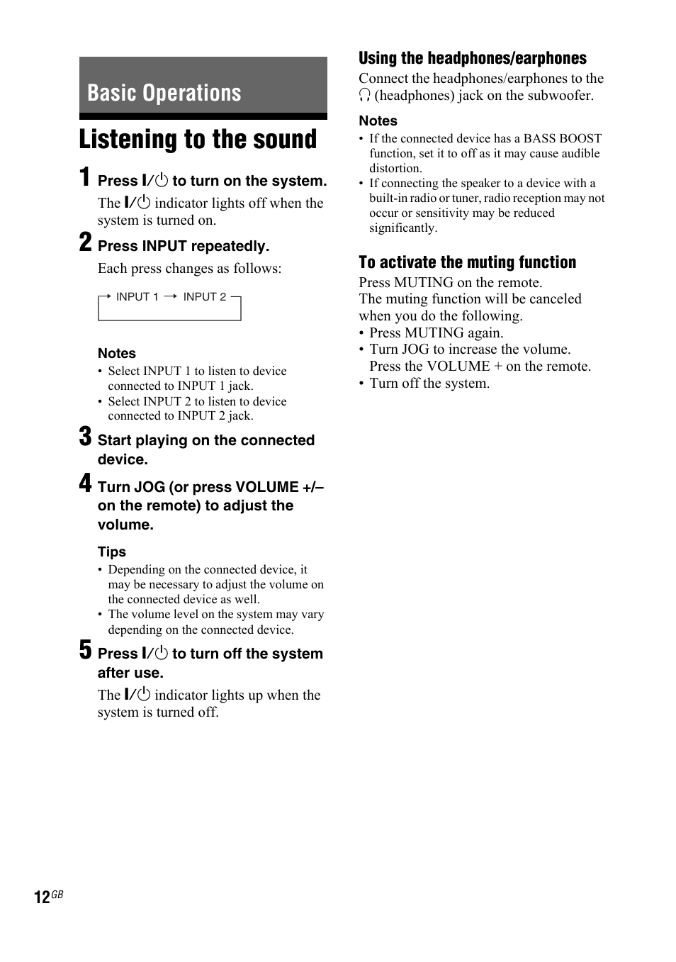 Basic operations, Listening to the sound, Listening to the sound 1 | Sony 4-140-464-21(2) User Manual | Page 12 / 20