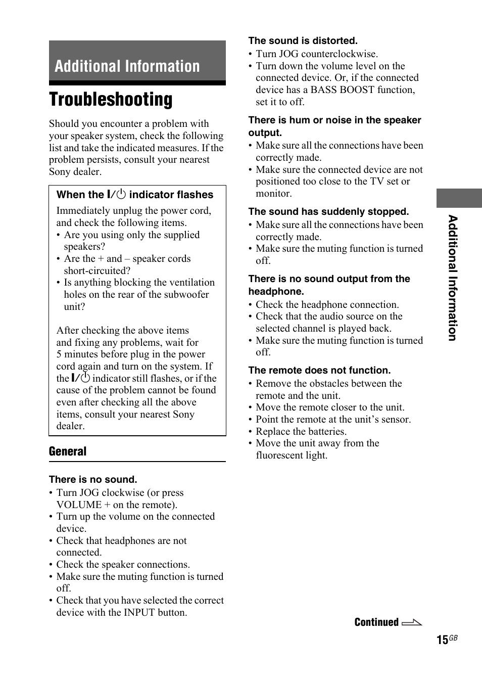 Additional information, Troubleshooting | Sony 4-140-464-21(2) User Manual | Page 15 / 20