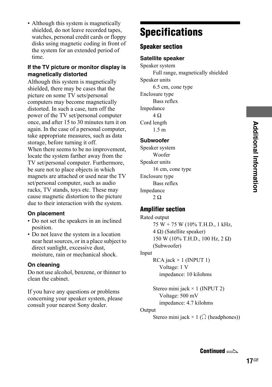 Specifications | Sony 4-140-464-21(2) User Manual | Page 17 / 20