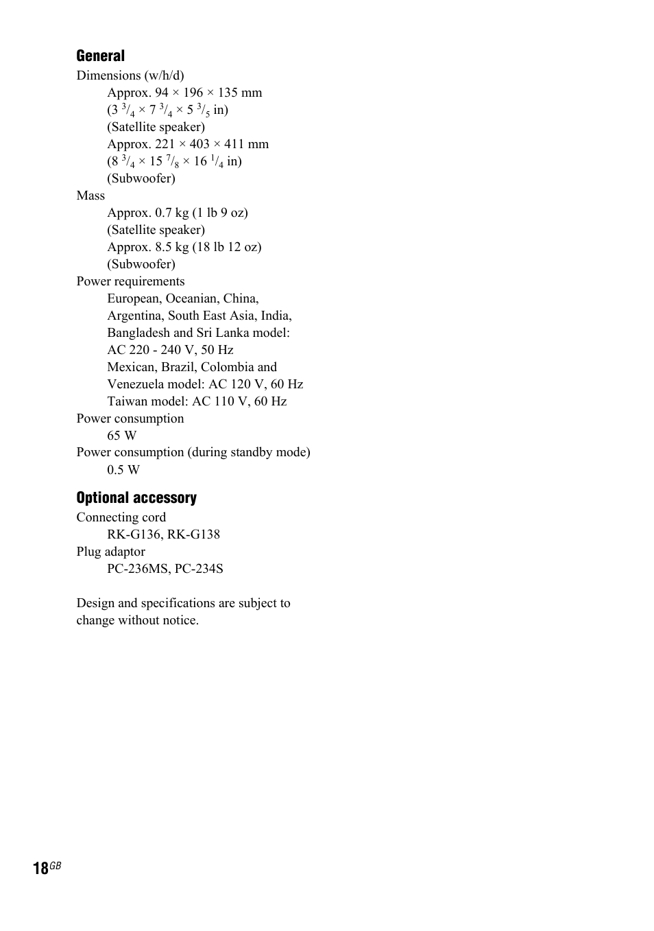 General, Optional accessory | Sony 4-140-464-21(2) User Manual | Page 18 / 20