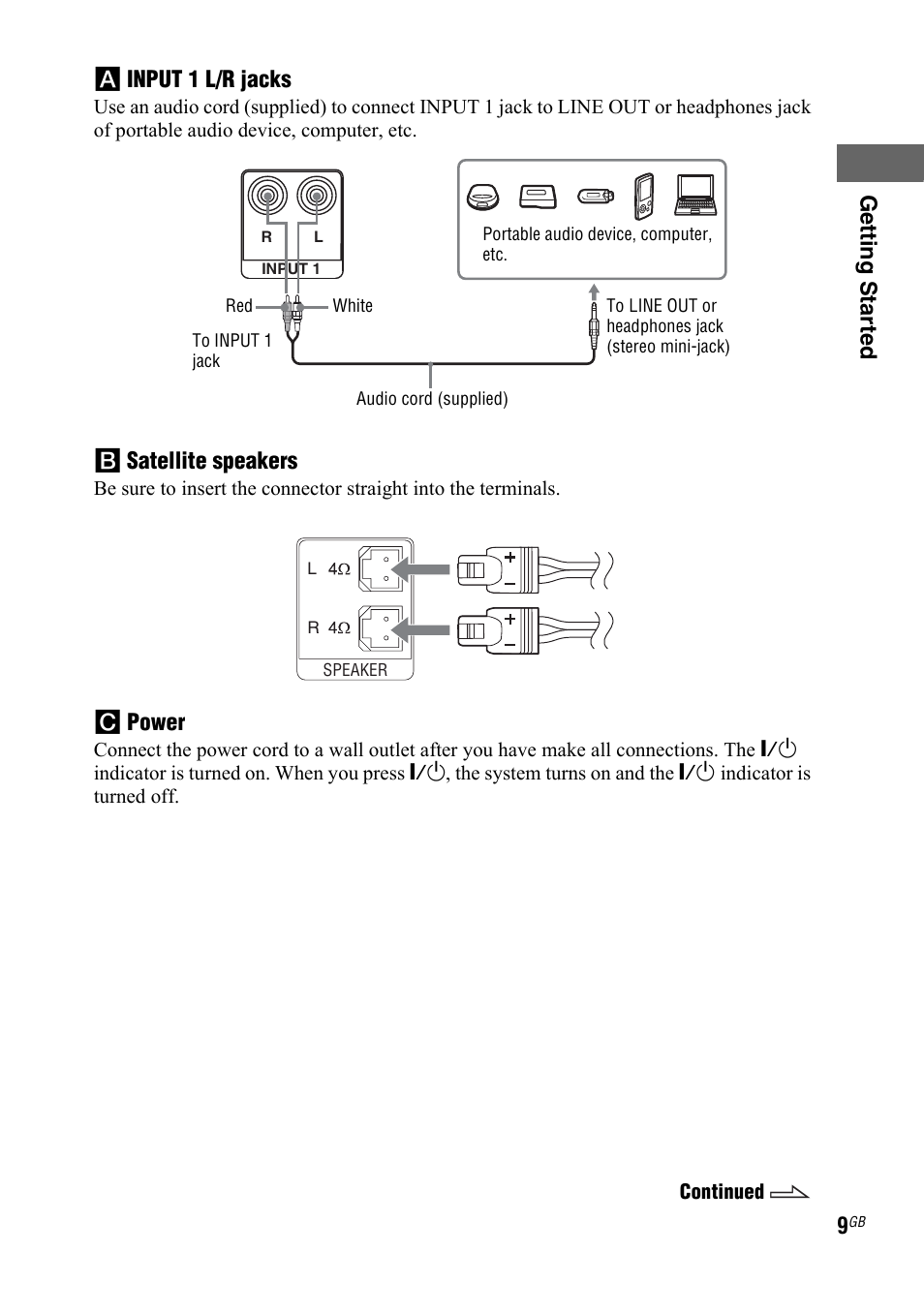 Getting star ted a input 1 l/r jacks, B satellite speakers, C power | Sony 4-140-464-21(2) User Manual | Page 9 / 20