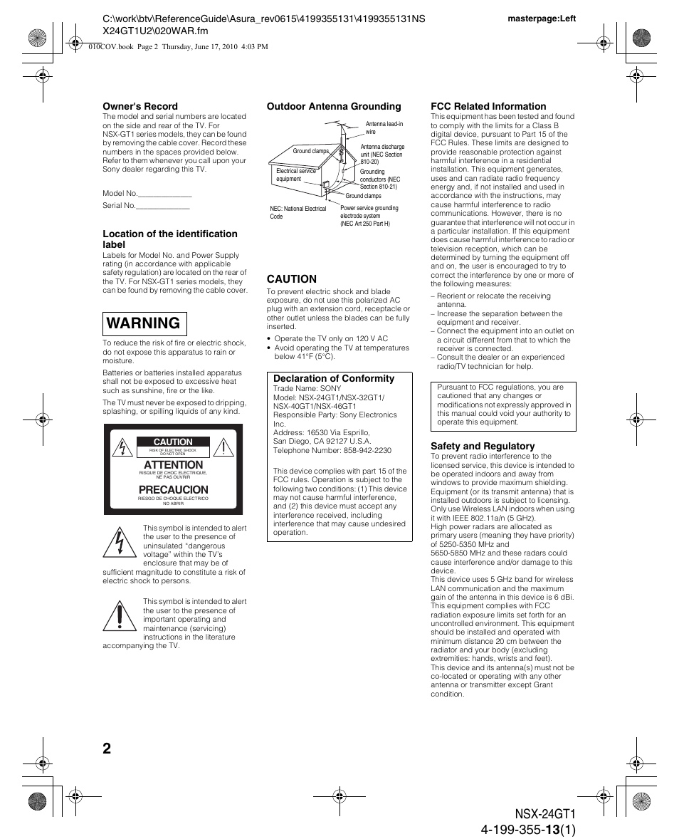 Warning, Caution, Attention | Precaucion | Sony NSX-32GT1 User Manual | Page 2 / 12