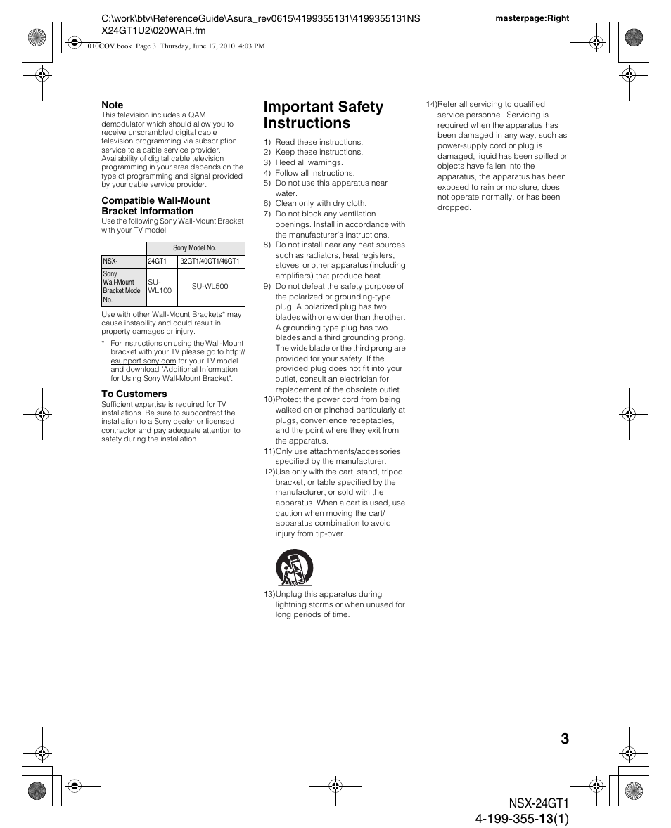 Important safety instructions | Sony NSX-32GT1 User Manual | Page 3 / 12