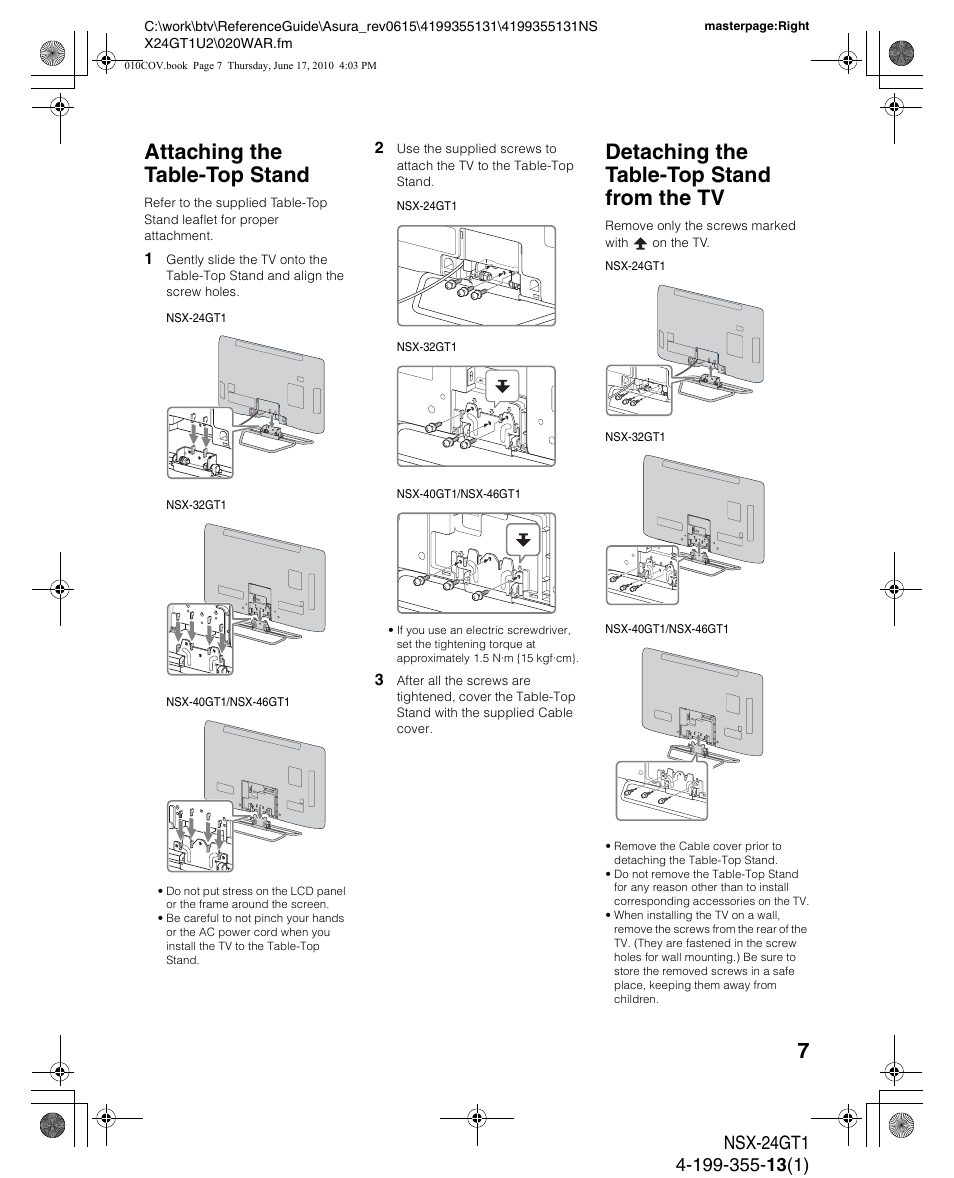 Attaching the table-top stand, Detaching the table-top stand from the tv | Sony NSX-32GT1 User Manual | Page 7 / 12