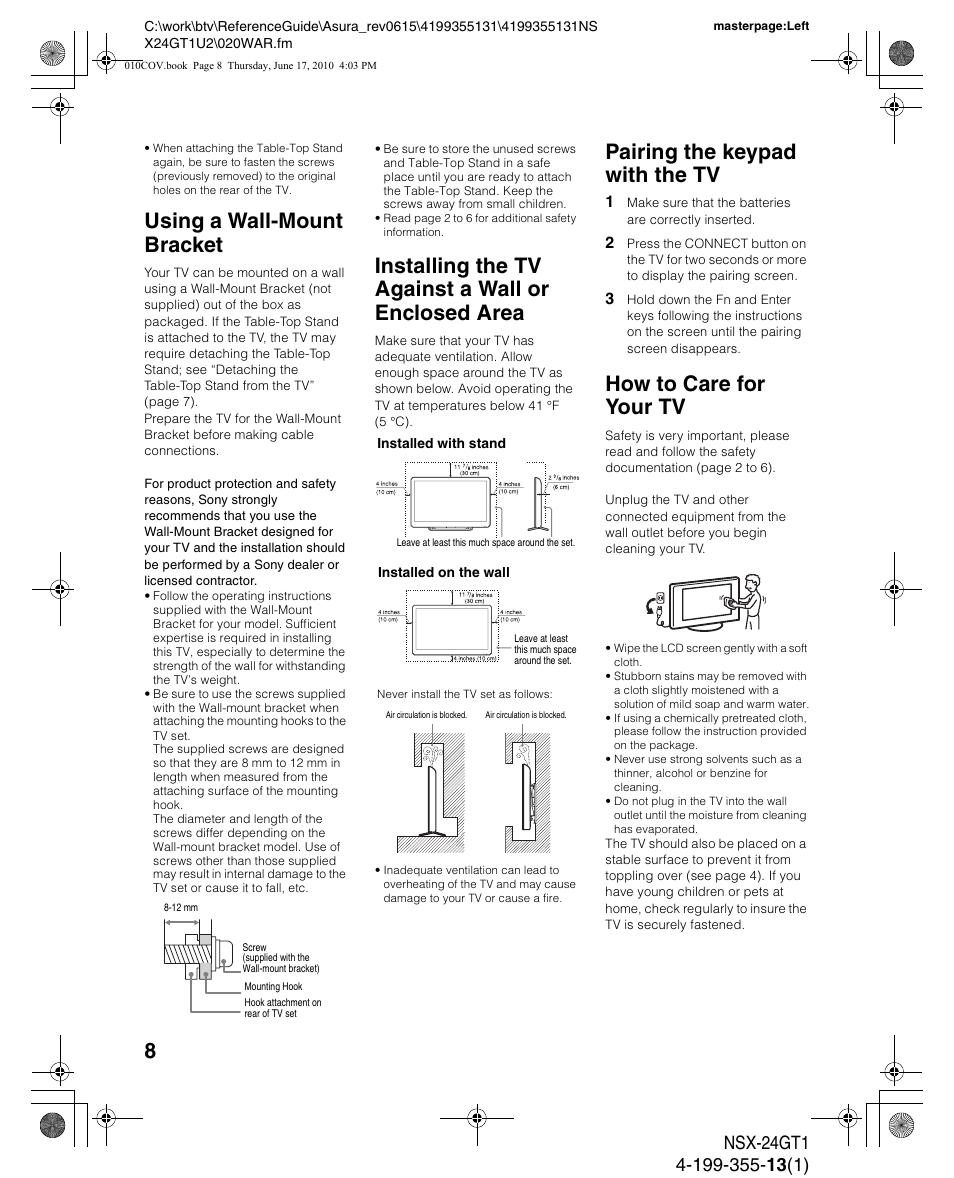Using a wall-mount bracket, Installing the tv against a wall or enclosed area, Pairing the keypad with the tv | How to care for your tv | Sony NSX-32GT1 User Manual | Page 8 / 12