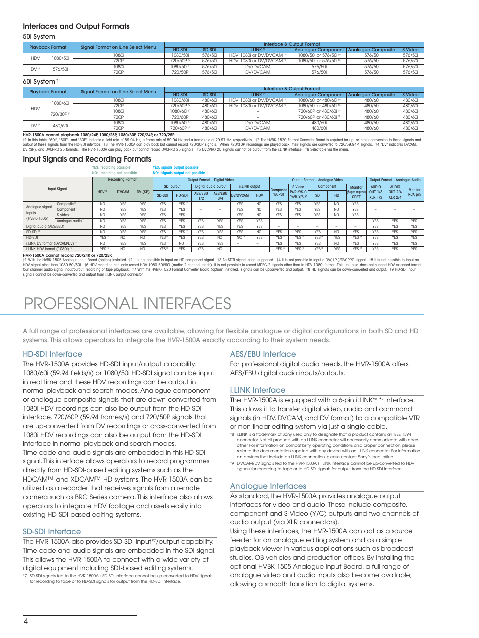 Professional interfaces, Hd-sdi interface, Sd-sdi interface | Aes/ebu interface, I.link interface, Analogue interfaces, Interfaces and output formats, Input signals and recording formats, The hvr-1500a also provides sd-sdi input, 50i system | Sony HVR-1500A User Manual | Page 4 / 8