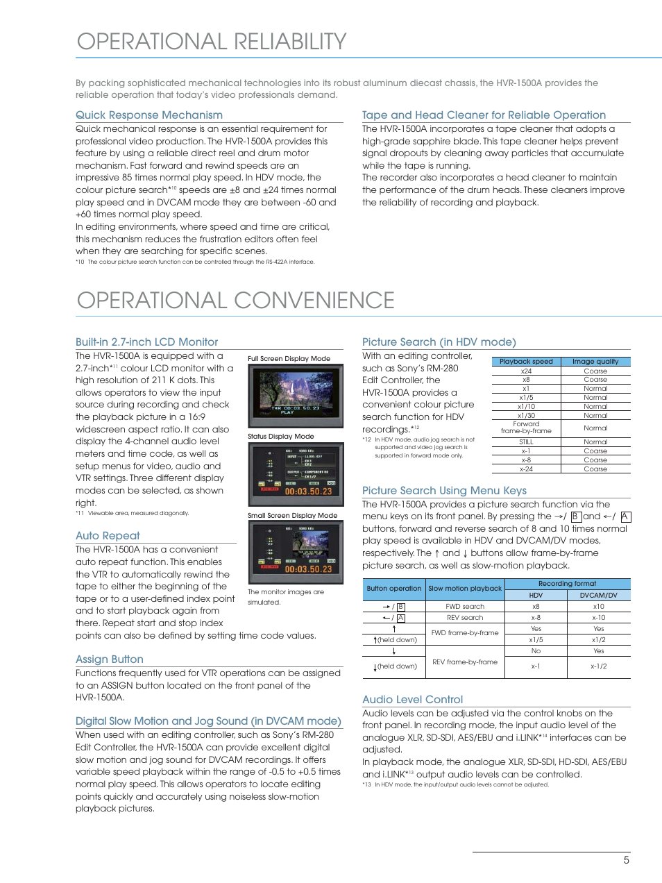 Operational reliability operational convenience, Picture search (in hdv mode), Picture search using menu keys | Audio level control, Built-in 2.7-inch lcd monitor, Auto repeat, Assign button, Digital slow motion and jog sound (in dvcam mode), Quick response mechanism, Tape and head cleaner for reliable operation | Sony HVR-1500A User Manual | Page 5 / 8