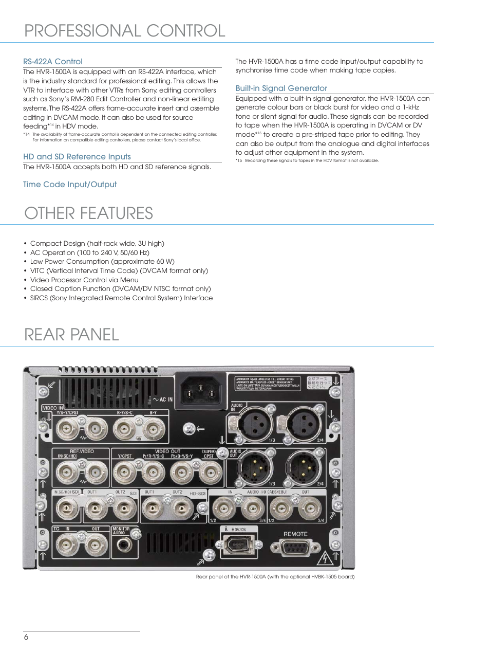 Professional control other features rear panel | Sony HVR-1500A User Manual | Page 6 / 8