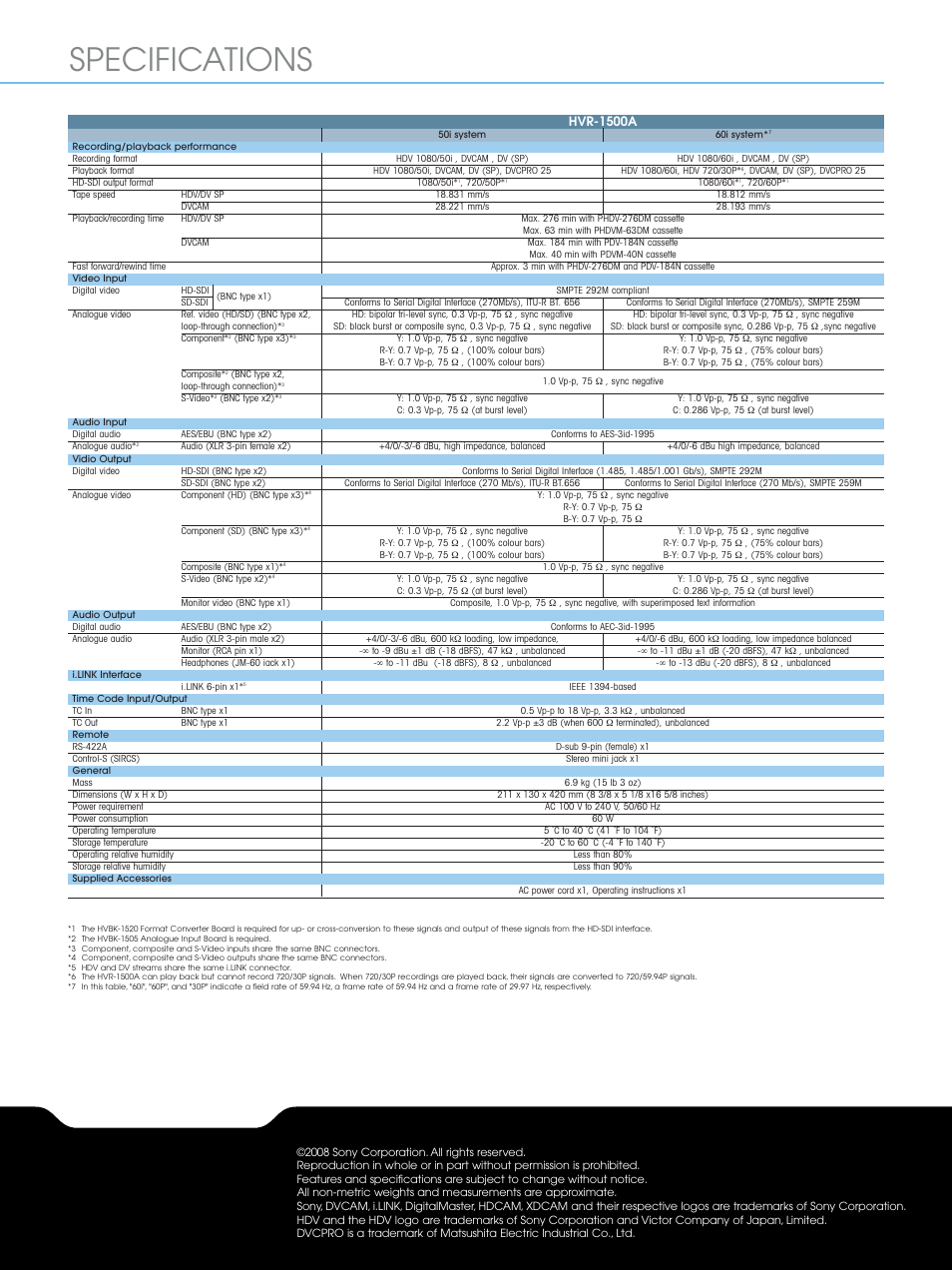 Specifications | Sony HVR-1500A User Manual | Page 8 / 8