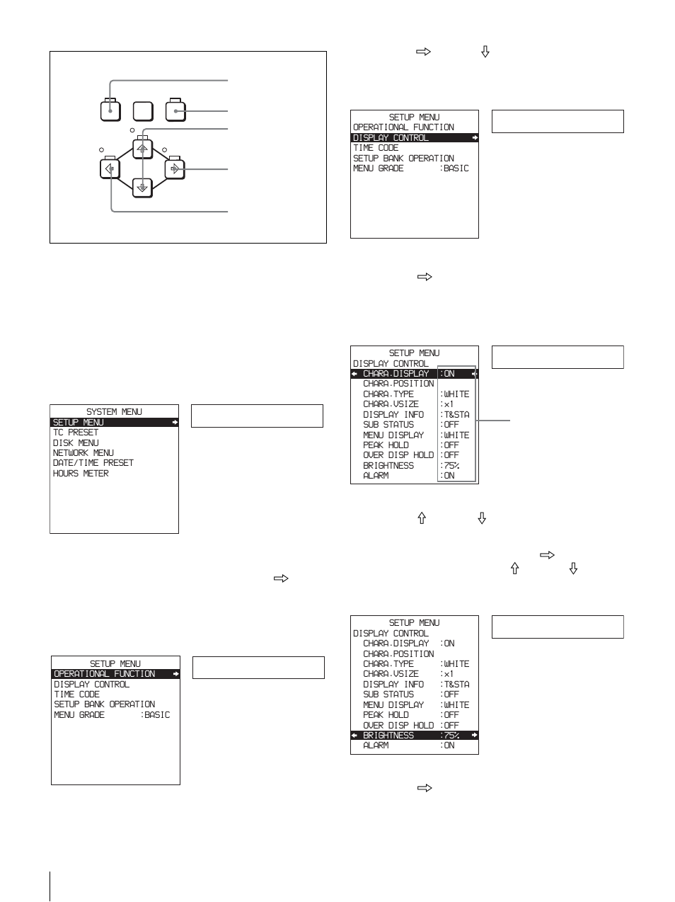 Setup menu, Operational, Display | Chara disp, Brightness | Sony DSR-DR1000 User Manual | Page 76 / 108