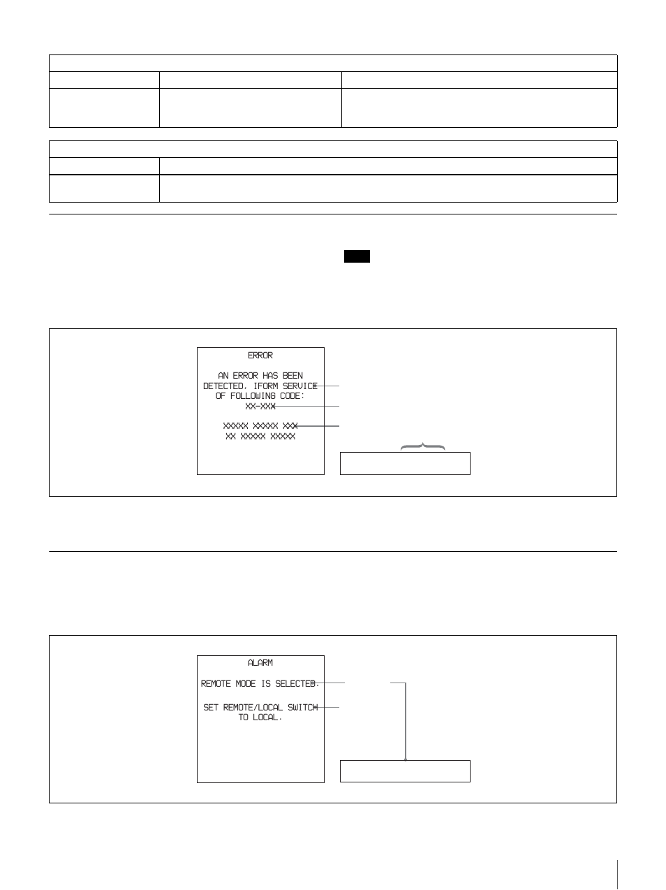 Error messages, Alarm messages, Error messages alarm messages | Errorxx-xxx, Remote | Sony DSR-DR1000 User Manual | Page 97 / 108