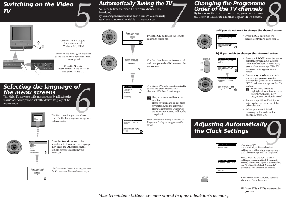 Switching on the video tv, Automatically tuning the tv, Changing the programme order of the tv channels | Selecting the language of the menu screens, Adjusting automatically the clock settings | Sony KV-14FV1U User Manual | Page 2 / 2