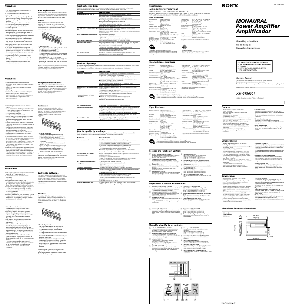 Sony XM-GTR6001 User Manual | 2 pages