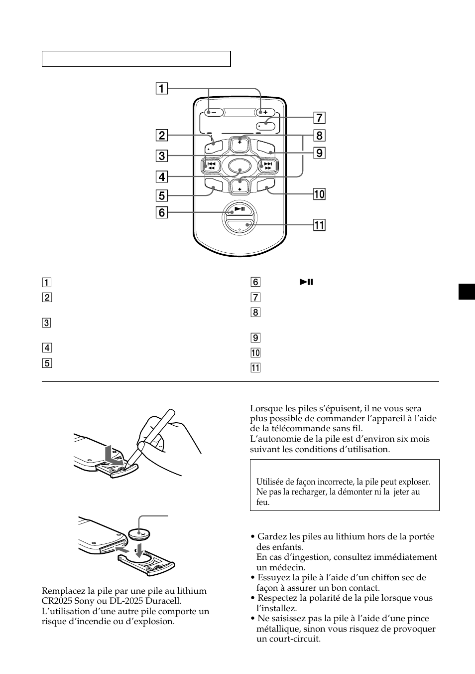 Attention, Télécommande sans fil (rm-x81rf), Autonomie de la pile au lithium | Remarques sur la pile au lithium, Installation de la pile | Sony CDX-555RF User Manual | Page 27 / 44