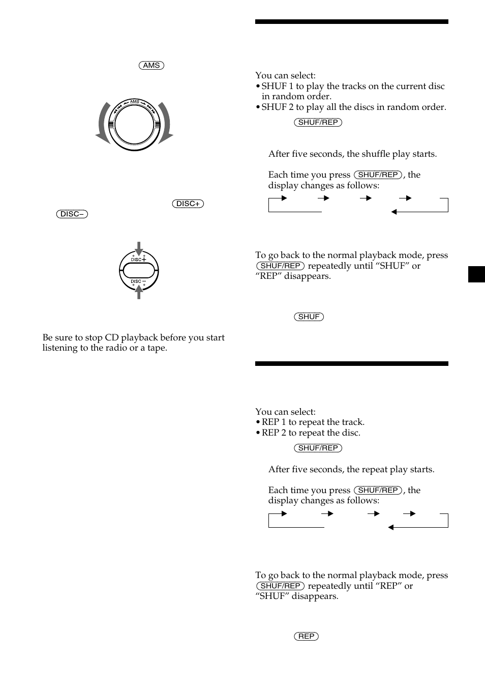 Playing tracks in random order, Playing tracks repeatedly | Sony CDX-555RF User Manual | Page 7 / 44