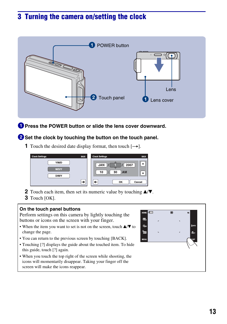 3 turning the camera on/setting the clock | Sony DSCT70 User Manual | Page 13 / 40